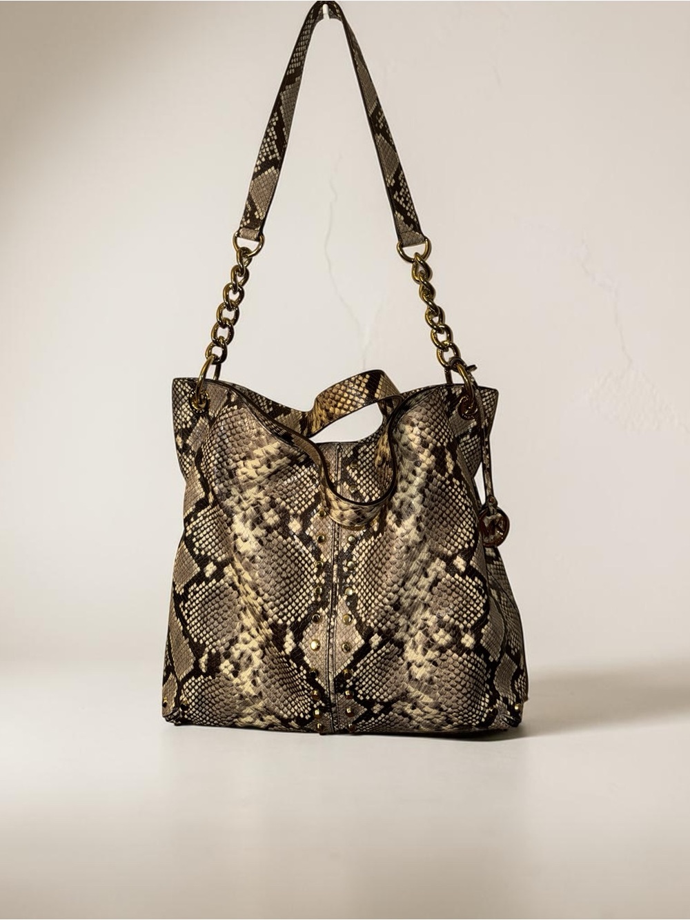 Michael Kors Uptown Astor Python Embossed Studded Chain Tote Bag